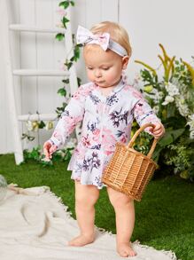 女嬰花卉圖案前拉鏈荷葉邊連體泳衣附髮帶 - 彩色 - 查看 1