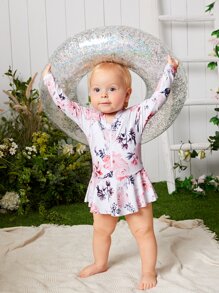 女嬰花卉圖案前拉鏈荷葉邊連體泳衣附髮帶 - 彩色 - 查看 3