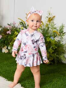 女嬰花卉圖案前拉鏈荷葉邊連體泳衣附髮帶 - 彩色 - 查看 4