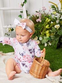 女嬰花卉圖案前拉鏈荷葉邊連體泳衣附髮帶 - 彩色 - 查看 6