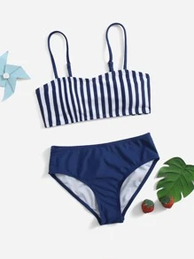 Conjunto de bikini a rayas para niña preadolescente, playa de verano - Azul y blanco - Ver 1