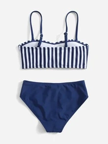 Conjunto de bikini a rayas para niña preadolescente, playa de verano - Azul y blanco - Ver 2