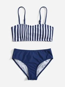 Conjunto de bikini a rayas para niña preadolescente, playa de verano - Azul y blanco - Ver 3