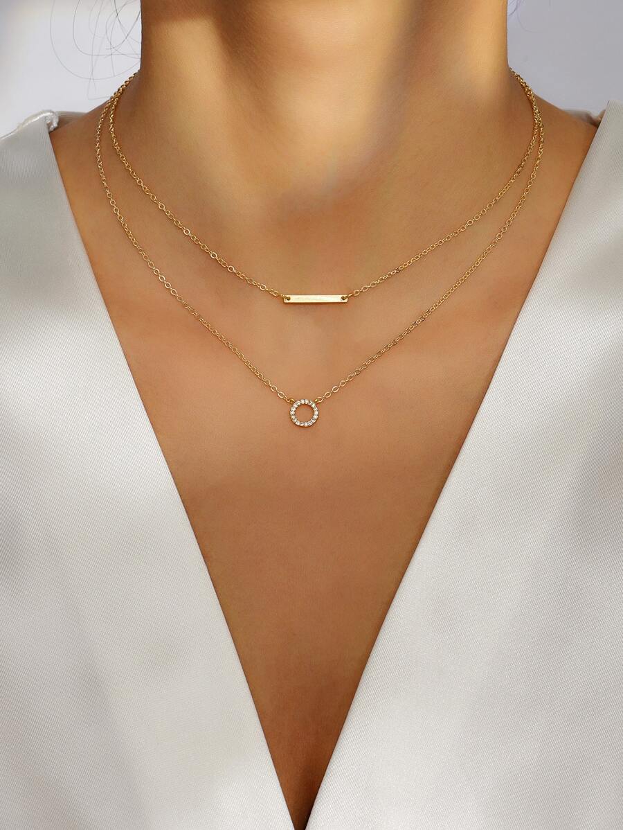 1pc Rhinestone Geometric Pendant Layered Necklace, Stainless Steel Jewelry - Yellow Gold - View 1