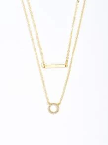 1pc Rhinestone Geometric Pendant Layered Necklace, Stainless Steel Jewelry - Yellow Gold - View 3