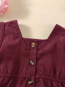 Đầm em bé Nút phía trước màu trơn Dễ thương - Màu Đỏ Sâu - Xem 3