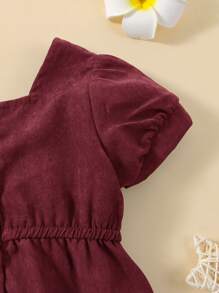 Đầm em bé Nút phía trước màu trơn Dễ thương - Màu Đỏ Sâu - Xem 4