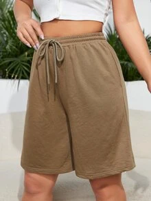 SHEIN Quần đùi nữ Dây kéo màu trơn Giải trí - Lạc đà - Xem 5