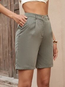 Fold Pleated Slant Pocket Shorts - Olive Green - View 4