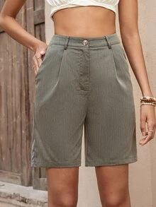 Fold Pleated Slant Pocket Shorts - Olive Green - View 5