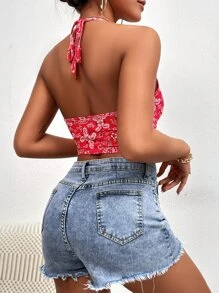 SHEIN VCAY Áo hai dây Dây kéo Xù Paisley Giải trí - Đỏ - Xem 2