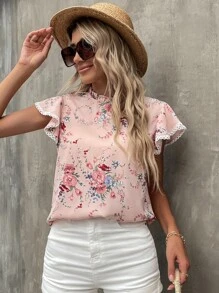SHEIN Clasi Floral Print Contrast Guipure Lace Butterfly Sleeve Frill Neck Blouse - Baby Pink - View 6