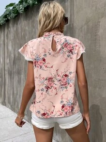 SHEIN Clasi Floral Print Contrast Guipure Lace Butterfly Sleeve Frill Neck Blouse - Baby Pink - View 2
