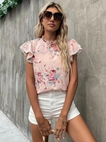 SHEIN Clasi Floral Print Contrast Guipure Lace Butterfly Sleeve Frill Neck Blouse - Baby Pink - View 4