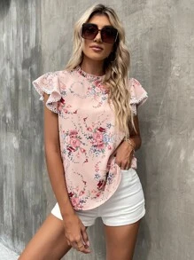 SHEIN Clasi Floral Print Contrast Guipure Lace Butterfly Sleeve Frill Neck Blouse - Baby Pink - View 5