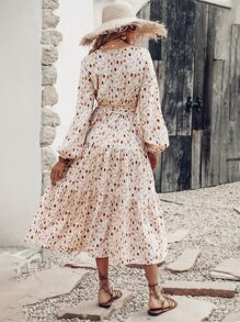 SHEIN Unity Allover Print Lantern Sleeve Ruffle Hem Belted Dress - Multicolor - View 2