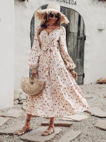 SHEIN Unity Allover Print Lantern Sleeve Ruffle Hem Belted Dress - Multicolor - View 3