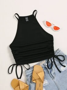 Chiquease Ruched Drawstring Side Halter Top - Black - View 1