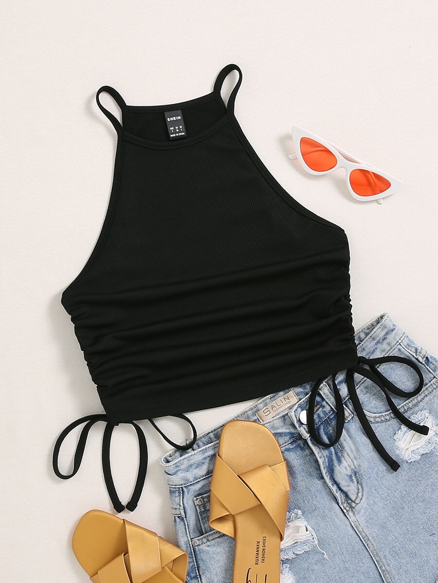 Chiquease Ruched Drawstring Side Halter Top - Black - View 1