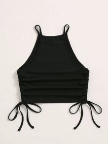 Chiquease Ruched Drawstring Side Halter Top - Black - View 2
