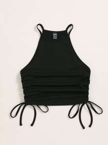 Chiquease Ruched Drawstring Side Halter Top - Black - View 3