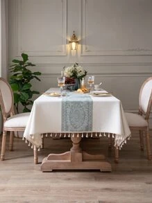1pc Jacquard Tassel Trim Tablecloth,European Style Polyester Multifunctional Decorative Table Cover For Dining Table - Multicolor - View 1