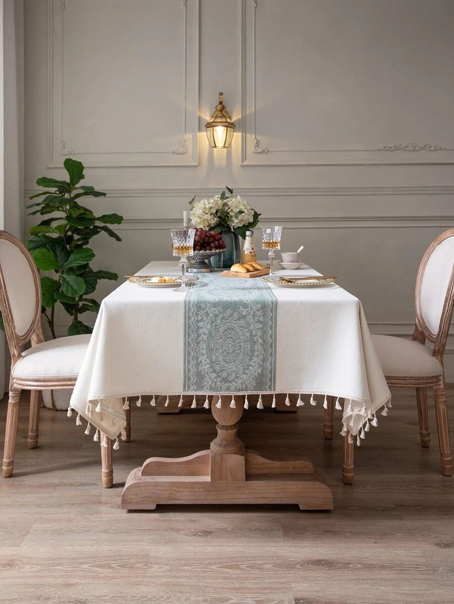 1pc Jacquard Tassel Trim Tablecloth,European Style Polyester Multifunctional Decorative Table Cover For Dining Table - Multicolor - View 1