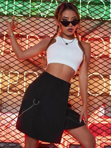 D-ring & Chain Detail Single Button Wrap Hem Skirt - Black - View 4