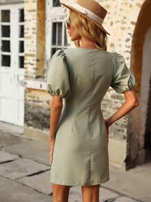 Deep V Neck Puff Sleeve Fitted Dress - Mint Green - View 2