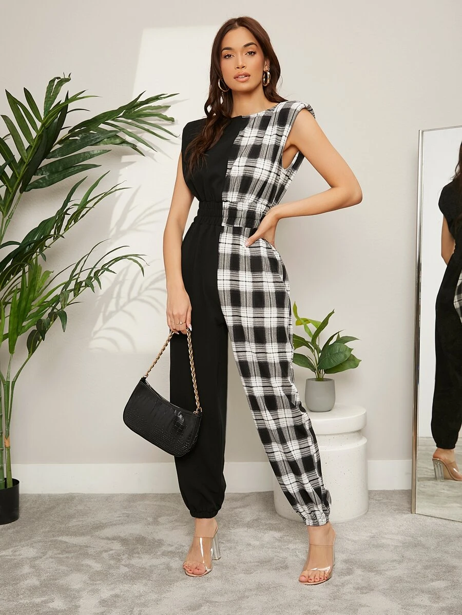 BizChic Plaid Spliced Padded Shoulder Jumpsuit Workwear - Black and White - View 1