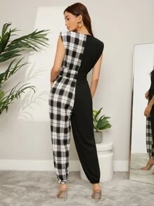 BizChic Plaid Spliced Padded Shoulder Jumpsuit Workwear - Black and White - View 2