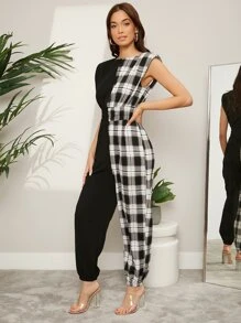 BizChic Plaid Spliced Padded Shoulder Jumpsuit Workwear - Black and White - View 6