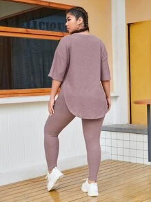 SHEIN Essnce Plus Solid Drop Shoulder Waffle Knit Top & Leggings - Dusty Pink - View 2