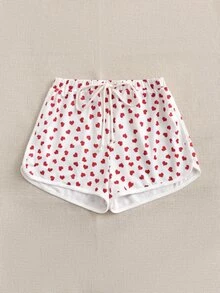SHEIN 腰上打結愛心圖案跑步短褲 - 紅白色 - 查看 5