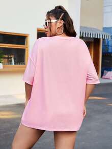 SHEIN EZwear Plus Figure & Cartoon Graphic Drop Shoulder Tee - Pink - View 3