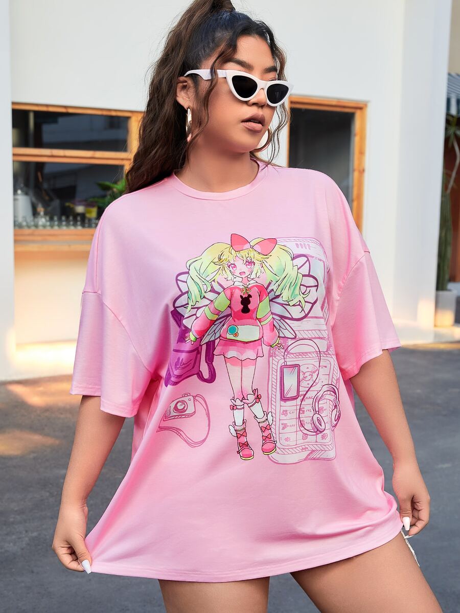 SHEIN EZwear Plus Figure & Cartoon Graphic Drop Shoulder Tee - Pink - View 1