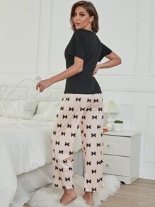 Solid Tee & Bow Print Trousers PJ Set - Multicolor - View 2
