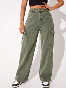 SHEIN EZwear Flap Pocket Cargo Jeans - Army Green - View 1