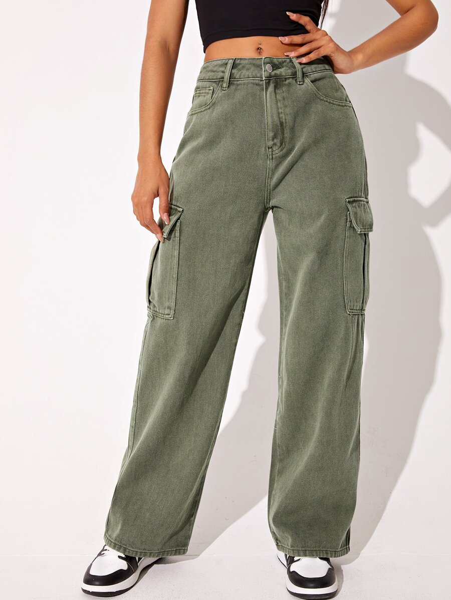 SHEIN EZwear Flap Pocket Cargo Jeans - Army Green - View 1