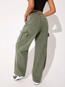 SHEIN EZwear Flap Pocket Cargo Jeans - Army Green - View 2