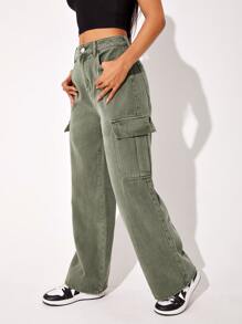 SHEIN EZwear Flap Pocket Cargo Jeans - Army Green - View 3