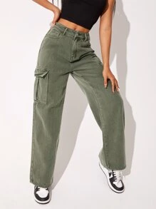 SHEIN EZwear Flap Pocket Cargo Jeans - Army Green - View 4