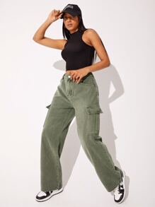 SHEIN EZwear Flap Pocket Cargo Jeans - Army Green - View 5
