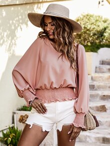 SHEIN LUNE Solid Bishop Sleeve Shirred Blouse - Dusty Pink - View 6