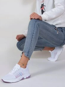 Giày thể thao nhẹ, thoáng khí và thoải mái dành cho nữ với mũi tròn và có dây buộc, để lái xe vào mùa xuân - trắng - Xem 3