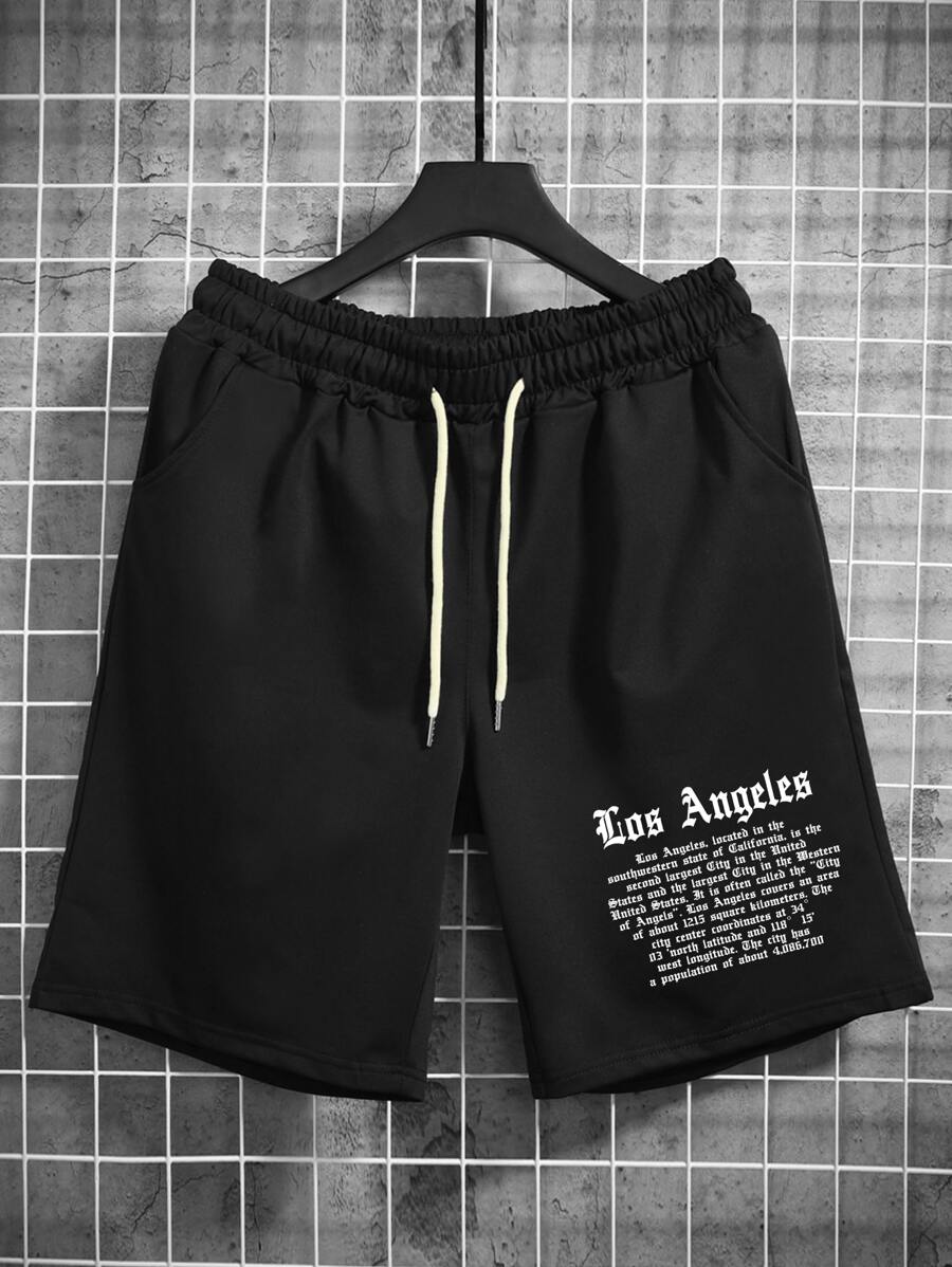 Manfinity Homme Loose Fit Nam Khẩu hiệu Đồ họa Dây rút Vòng eo Quần short Baggy Đầu gối Thư Los Angeles - màu đen - Xem 1