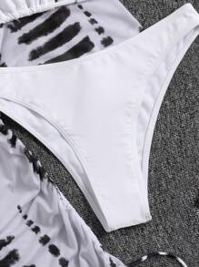 SHEIN Swim Bộ bikini tam giác Halter in hình bãi biển mùa hè có che đậy - Đen và trắng - Xem 3