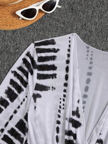 SHEIN Swim Bộ bikini tam giác Halter in hình bãi biển mùa hè có che đậy - Đen và trắng - Xem 4