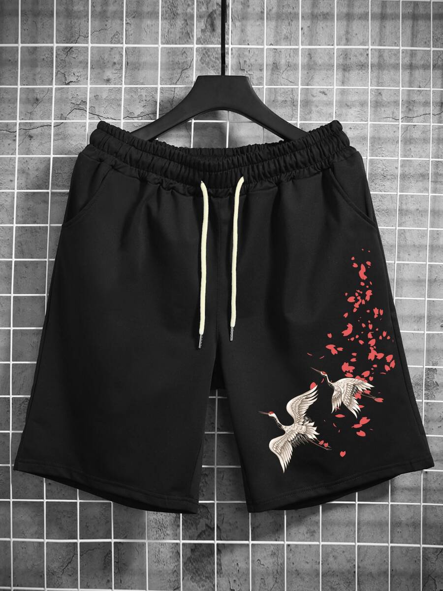 Manfinity Men Crane Print Drawstring Waist Track Shorts - Black - View 1