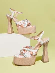 花卉圖案打結細節防水台踝帶涼鞋 - 粉色 - 查看 2